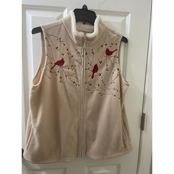 Croft & Barrow Vest Women L CREAM Fleece Embroidered Cardinals Front Zip HOLIDAY - Picture 1 of 5